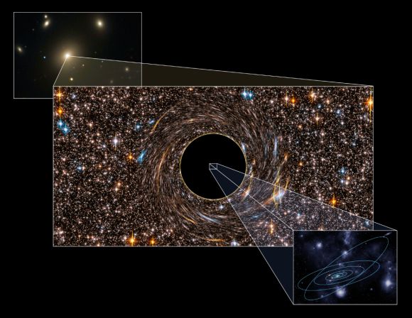 NGC 3842 ist die hellste Galaxie in einem großen Galaxienhaufen. Das Schwarze Loch in ihrem Zentrum (hier als Illustration abgebildet) lässt unser gesamtes Sonnensystem sehr klein aussehen (Pete Marenfeld)
