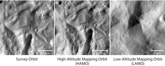 Die linke Aufnahmen machte Dawn aus dem Survey Orbit, die mittlere aus dem High-Altitude Mapping Orbit in 700 Kilometern Höhe. Das rechte Bild stammt aus dem Low-Altitude Mapping Orbit und wurde aus einer Höhe von 199 Kilometern gemacht. (NASA / JPL-Caltech / UCLA / MPS / DLR / IDA)