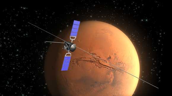 Illustration der Raumsonde Mars Express vor dem Mars im Hintergrund (ESA / C. Carreau)