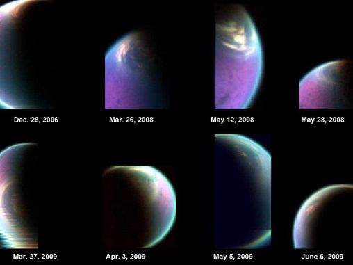 Diese Bilderserie zeigt die Wolkendecke über dem Nordpol des Titan (NASA / JPL-Caltech / University of Arizona / CNRS / LPGNantes) Diese Bilderserie zeigt die Wolkendecke über dem Nordpol des Titan (NASA / JPL-Caltech / University of Arizona / CNRS / LPGNantes)
