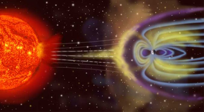 Künstlerische Darstellung des irdischen Magnetschweifs, wie er vom Druck des Sonnenwindes erzeugt wird (NASA)