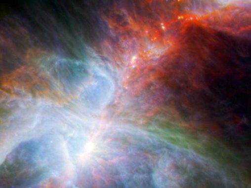 Junge Protosterne im Orionnebel (NASA / ESA / JPL-Caltech / IRAM)