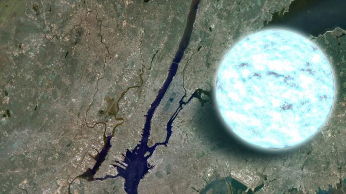 Diese Illustration vergleicht die Größe eines Neutronensterns mit Manhattan (NASA / Goddard Space Flight Center) Diese Illustration vergleicht die Größe eines Neutronensterns mit Manhattan (NASA / Goddard Space Flight Center)