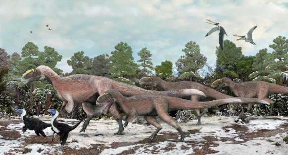 Künstlerische Darstellung einer Gruppe Yutyrannus und zweier Beipiaosaurus. (Credit: Dr. Brian Choo)