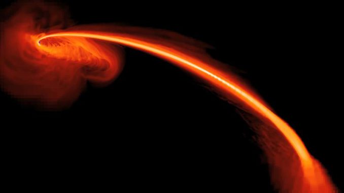 Dieses Bild aus einer Computersimulation zeigt das Gas eines Sterns, der durch die Gravitation des Schwarzen Lochs zerrissen wurde. (NASA, S. Gezari (The Johns Hopkins University), and J. Guillochon (University of California, Santa Cruz))