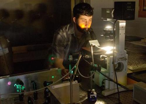Karl Grieshop verwendet ein Präzisions-Lasersystem, um die dornartigen Stacheln der männlichen Fruchtfliegen zu kürzen. (Jay Yocis, University of Cincinnati) Karl Grieshop verwendet ein Präzisions-Lasersystem, um die dornartigen Stacheln der männlichen Fruchtfliegen zu kürzen. (Jay Yocis, University of Cincinnati)