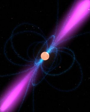 Schematische Darstellung eines Pulsars mit dem Verlauf der magnetischen Feldlinien (blau) und hochenergetischen Jets (violett) (NASA) Schematische Darstellung eines Pulsars mit dem Verlauf der magnetischen Feldlinien (blau) und hochenergetischen Jets (violett) (NASA)