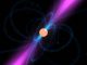 Schematische Darstellung eines Pulsars mit dem Verlauf der magnetischen Feldlinien (blau) und hochenergetischen Jets (violett) (NASA)