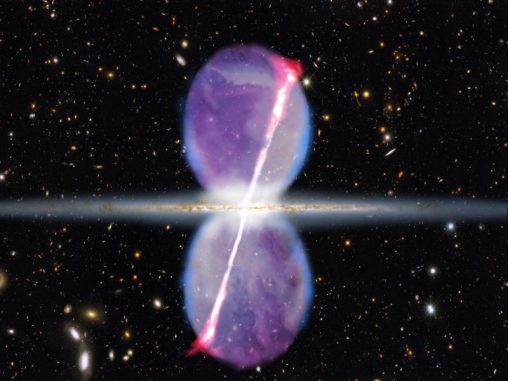 Diese künstlerische Darstellung zeigt die Milchstraße in Kantenstellung. Die neu entdeckten Gammastrahlenjets (pink) sind um 15 Grad geneigt. Die bereits bekannten Gammastrahlen-blasen sind violett gekennzeichnet. (David A. Aguilar (CfA))