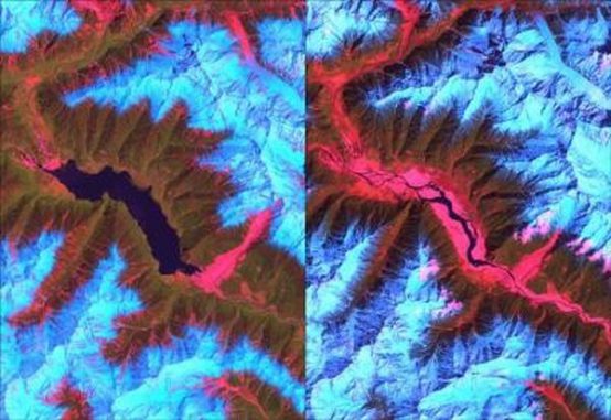 Landsat-Aufnahmen eines aufgestauten Sees am Tsangpo River, der sich Anfang 2000 durch einen Erdrutsch bildete. Der Erdrutsch ist im unteren rechten Teil der linken Aufnahme zu sehen. Im Juni 2000 brach der entstandene Damm zusammen (rechte Aufnahme). (USGS / NASA)