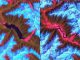 Landsat-Aufnahmen eines aufgestauten Sees am Tsangpo River, der sich Anfang 2000 durch einen Erdrutsch bildete. Der Erdrutsch ist im unteren rechten Teil der linken Aufnahme zu sehen. Im Juni 2000 brach der entstandene Damm zusammen (rechte Aufnahme). (USGS / NASA)