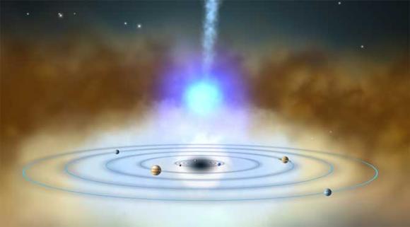 Diese Illustration vergleicht die Umgebung des supermassiven Schwarzen Lochs im Zentrum der Galaxie NGC 4151 mit den Umlaufbahnen der Planeten in unserem Sonnensystem. Die Planeten selbst sind nicht maßstabsgetreu abgebildet. Den aktuellen Daten zufolge befindet sich die Röntgenquelle (die blaue Kugel) gut 600 Millionen Kilometer oberhalb der Akkretionsscheibe. (NASA / Goddard Space Flight Center)