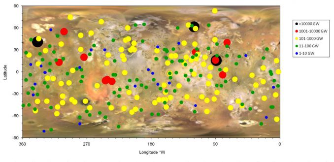 Thermale Emissionen von ausbrechenden Vulkanen auf dem Jupitermond Io. Je größer der Punkt, desto stärker die thermale Emission. (NASA / JPL-Caltech / Bear Fight Institute)