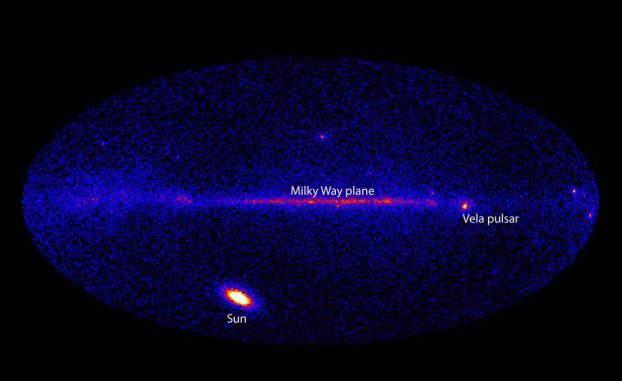 LAT-Aufnahme des gesamten Himmels im Gammastrahlenbereich oberhalb von 100 MeV am 7. März 2012. Der Vela-Pulsar ist im Normalfall die hellste Gammastrahlenquelle am Himmel, aber hier wurde er von der Sonne (unten links) in den Schatten gestellt. (NASA / DOE / Fermi LAT Collaboration) LAT-Aufnahme des gesamten Himmels im Gammastrahlenbereich oberhalb von 100 MeV am 7. März 2012. Der Vela-Pulsar ist im Normalfall die hellste Gammastrahlenquelle am Himmel, aber hier wurde er von der Sonne (unten links) in den Schatten gestellt. (NASA / DOE / Fermi LAT Collaboration)