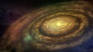 Diese künstlerische Darstellung zeigt einen neu entstandenen Stern mit seiner rotierenden protoplanetaren Scheibe aus Gas und Staub. (University of Copenhagen / Lars Buchhave)