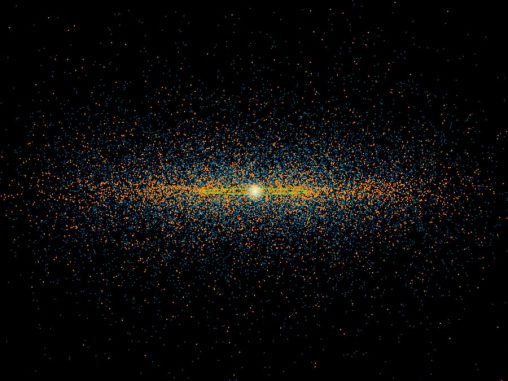 Simulierte Population erdnaher Asteroiden (NEAs, in blau) und potenziell gefährlicher Asteroiden (PHAs, in orange), dargestellt in der Kantenansicht des Sonnensystems. Die grüne Ellipse ist die Erdumlaufbahn. (NASA / JPL-Caltech)