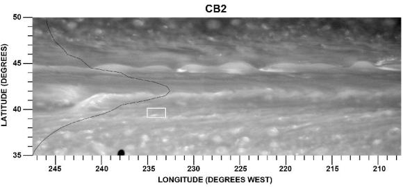 Ein Beispiel für einen sehr starken Jetstream auf Saturn. Es ist die auffällige, helle Struktur im linken Teil der Aufnahme. Die schwarze Linie stellt den Verlauf der durchschnittlichen Windgeschwindigkeit in Abhängigkeit von der geographischen Breite dar. Das weiße Rechteck markiert eine Region, auf die der Verfolgungsalgorithmus angewandt wurde. (NASA / JPL-Caltech / SSI)