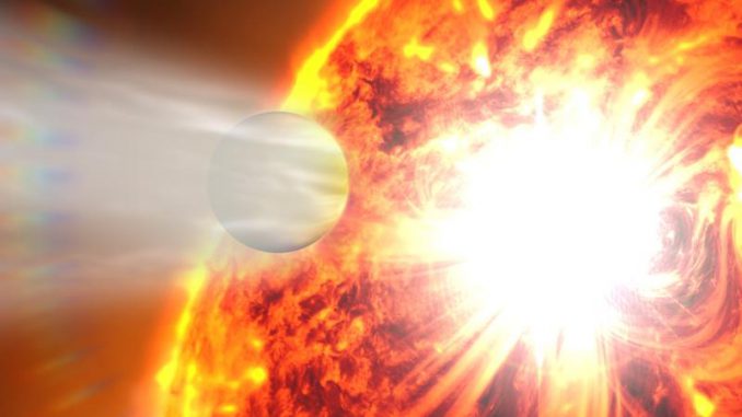 Künstlerische Darstellung des Exoplaneten HD 189733b vor seinem Zentralstern. (NASA / Goddard Space Flight Center) Künstlerische Darstellung des Exoplaneten HD 189733b vor seinem Zentralstern. (NASA / Goddard Space Flight Center)