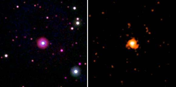 Aufnahmen des Sterns HD 189733A vom 13. September 2011 in ultravioletten Wellenlängen (links) und vom 13./14. September 2011 im Röntgenbereich (rechts). (NASA / Swift / Stefan Immler)