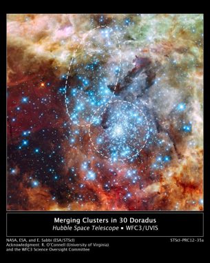 Die Sternentstehungsregion 30 Doradus, aufgenommen vom Weltraumteleskop Hubble. Die Sternhaufen, die sich offenbar kurz vor einer Verschmelzung befinden, sind markiert. (NASA, ESA, and E. Sabbi (ESA / STScI) Acknowledgment: R. O'Connell (University of Virginia) and the Wide Field Camera 3 Science Oversight Committee) Die Sternentstehungsregion 30 Doradus, aufgenommen vom Weltraumteleskop Hubble. Die Sternhaufen, die sich offenbar kurz vor einer Verschmelzung befinden, sind markiert. (NASA, ESA, and E. Sabbi (ESA / STScI) Acknowledgment: R. O'Connell (University of Virginia) and the Wide Field Camera 3 Science Oversight Committee)
