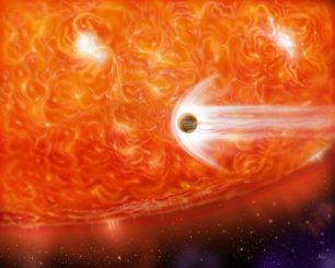 Künstlerische Darstellung eines Roten Riesen, der einen jupiterähnlichen Planeten verschlingt. (NASA)