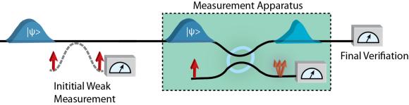 Schematische Darstellung des Versuchsaufbaus: Zunächst wird eine schwache Messung vorgenommen, dann tritt das Photon in den eigentlichen Messapparat ein und danach folgt die letzte Messung. (Lee Rozema)