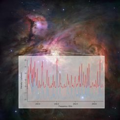 Spektrum für das Molekül Propionitril. Die rote Linie repräsentiert die ALMA-Beobachtungen einer Sternentstehungsregion im Sternbild Orion, die blaue Linie stellt die irdischen Labormessungen dar. Im Hintergrund ist eine Hubble-Aufnahme des Orionnebels zu sehen. (Fortman, et al., NRAO / AUI / NSF, NASA)