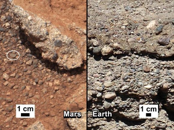 Vergleich zwischen Gesteinsaufschlüssen und Konglomeraten auf dem Mars und auf der Erde. (NASA / JPL-Caltech / MSSS and PSI)