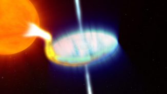 Künstlerische Darstellung des Systems Swift J1745-26 mit einem sonnenähnlichen Stern (links) und einem stellaren Schwarzen Loch (rechts) und dessen Akkretionsscheibe. (NASA / Goddard Space Flight Center / Conceptual Image Lab)