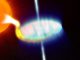 Künstlerische Darstellung des Systems Swift J1745-26 mit einem sonnenähnlichen Stern (links) und einem stellaren Schwarzen Loch (rechts) und dessen Akkretionsscheibe. (NASA / Goddard Space Flight Center / Conceptual Image Lab)