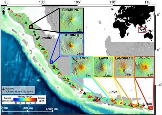 Karte der gemittelten Bewegungen und Geschwindigkeiten im westlichen Sundabogen in Indonesien, basierend auf InSAR-Daten. Positive Geschwindigkeiten (rot) repräsentieren Anhebungen, negative Geschwindigkeiten (blau) stellen Senkungen dar. Die Positionen der Vulkane sind durch schwarze Dreiecke markiert, rote Dreiecke entsprechen ehemals aktiven Vulkanen. Die kleinen Bilder zeigen Nahaufnahmen der 6 sich aufblähenden Vulkane. (Estelle Chaussard) Karte der gemittelten Bewegungen und Geschwindigkeiten im westlichen Sundabogen in Indonesien, basierend auf InSAR-Daten. Positive Geschwindigkeiten (rot) repräsentieren Anhebungen, negative Geschwindigkeiten (blau) stellen Senkungen dar. Die Positionen der Vulkane sind durch schwarze Dreiecke markiert, rote Dreiecke entsprechen ehemals aktiven Vulkanen. Die kleinen Bilder zeigen Nahaufnahmen der 6 sich aufblähenden Vulkane. (Estelle Chaussard)