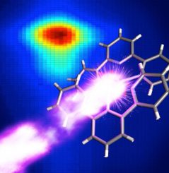 Ein ultraheller Röntgenpuls trifft auf eine Lösung mit Mangan-haltigen Molekülen. Die resultierende Röntgenstrahlung liefert chemische Informationen über die Moleküle, bevor sie zerstört werden. (Illustration by Greg Stewart / SLAC)