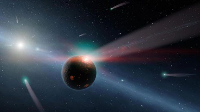 Künstlerische Darstellung eines Gesteinsplaneten, der von Kometen bombardiert wird. (NASA / JPL-Caltech)