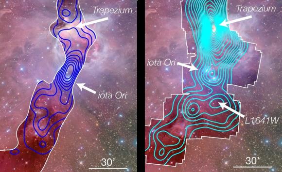 Links: Die CFHT-Daten des sichtbaren Lichts zeigen eine Anhäufung von Sternen um den massereichen O-Typ-Stern Iota Ori (blaue Linien). Der Trapezium-Sternhaufen erscheint auf dieser Karte nicht einmal, weil er tief in die Molekülwolke eingebettet ist. Rechts: Röntgenphotonen können die Molekülwolke allerdings durchdringen, deswegen ist der Trapezium-Sternhaufen im Röntgenspektrum sichtbar. Aber auch hier zeigt sich in der Umgebung des Sterns Iota Ori eine Anhäufung von Sternen. (J. Alves & H. Bouy; Hintergrundbild: Jon Christensen)