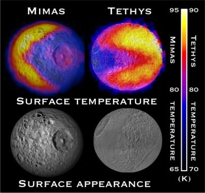 Ein Vergleich der "Pac-Man"-Strukturen auf Mimas (links) und Tethys (rechts). (NASA / JPL-Caltech / GSFC / SWRI)