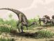 Künstlerische Darstellung von Nyasasaurus parringtoni, der entweder der früheste Dinosaurier oder der engste Verwandte der Dinosaurier ist. Hier ist er neben pflanzenfressenden Reptilien der Gattung Stenaulorhynchus abgebildet. ((c) Natural History Museum, London / Mark Witton)