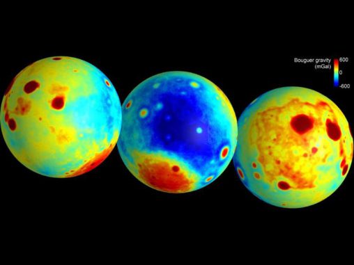 Diese Karten zeigen die "Bouguer"-Gravitationsanomalien mit stärkerer (rot) und geringerer (blau) Gravitation, wie sie von der GRAIL-Mission gemessen wurden. Die Bouguer-Gravitation ist das, was nach Herausrechnung der Oberflächentopografie übrig bleibt. Sie repräsentiert also Masse-Anomalien innerhalb des Mondes. (NASA / JPL-Caltech / CSM)