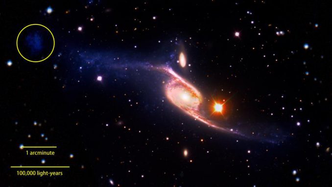 Die Balkenspiralgalaxie NGC 6872 ist die größte bekannte Spiralgalaxie. Am Ende des nordwestlichen Spiralarms ist im ultravioletten Spektrum ein Zwerggalaxie-Kandidat erkennbar (Kreis). (NASA / Goddard Space Flight Center / ESO / JPL-Caltech / DSS)