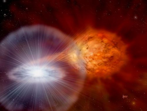Künstlerische Darstellung einer Nova-Explosion in einem Doppelsternsystem. (David A Hardy and STFC)