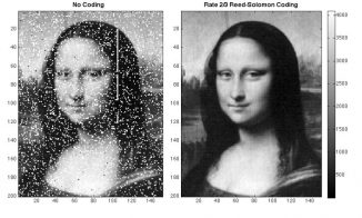 Das per Laser übertragene Bild der Mona Lisa. Um Übertragungsfehler (links) auszugleichen, wandten die Forscher das Reed-Solomon-Verfahren (rechts) an. (Xiaoli Sun, NASA Goddard)