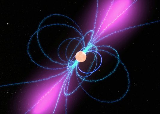 Schematische Darstellung eines Pulsars. Die blauen Linien repräsentieren die magnetischen Feldlinien. Die entlang der Magnetpole emittierten Strahlungspulse sind violett gekennzeichnet. (NASA)
