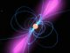 Schematische Darstellung eines Pulsars. Die blauen Linien repräsentieren die magnetischen Feldlinien. Die entlang der Magnetpole emittierten Strahlungspulse sind violett gekennzeichnet. (NASA)