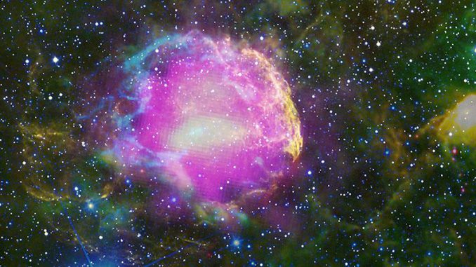 Der Supernova-Überrest IC 443. Fermis Gamma-Beobachtungen sind in magenta dargestellt. Optische Wellenlängen sind gelb. Blaue, cyane, grüne und rote Farbtöne kennzeichnen Infrarotdaten des WISE-Teleskops. (NASA / DOE / Fermi LAT Collaboration, NOAO / AURA / NSF, JPL-Caltech / UCLA) Der Supernova-Überrest IC 443. Fermis Gamma-Beobachtungen sind in magenta dargestellt. Optische Wellenlängen sind gelb. Blaue, cyane, grüne und rote Farbtöne kennzeichnen Infrarotdaten des WISE-Teleskops. (NASA / DOE / Fermi LAT Collaboration, NOAO / AURA / NSF, JPL-Caltech / UCLA)