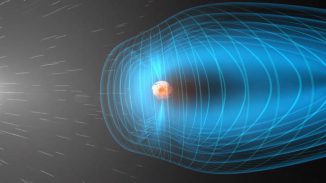 Schematische Darstellung der nahen Erdumgebung. Ein stetiger Strom aus solaren Partikeln trifft auf die Magnetosphäre der Erde. (European Space Agency (ESA))