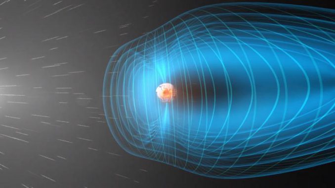 Schematische Darstellung der nahen Erdumgebung. Ein stetiger Strom aus solaren Partikeln trifft auf die Magnetosphäre der Erde. (European Space Agency (ESA)) Schematische Darstellung der nahen Erdumgebung. Ein stetiger Strom aus solaren Partikeln trifft auf die Magnetosphäre der Erde. (European Space Agency (ESA))