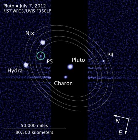 Das Plutosystem mit Pluto und Charon im Zentrum und den eingezeichneten Umlaufbahnen der anderen Monde Nix, Hydra, Kerberos und Styx (Illustration Credit: NASA, ESA, and L. Frattare (STScI); Science Credit: NASA, ESA, and M. Showalter (SETI Institute))