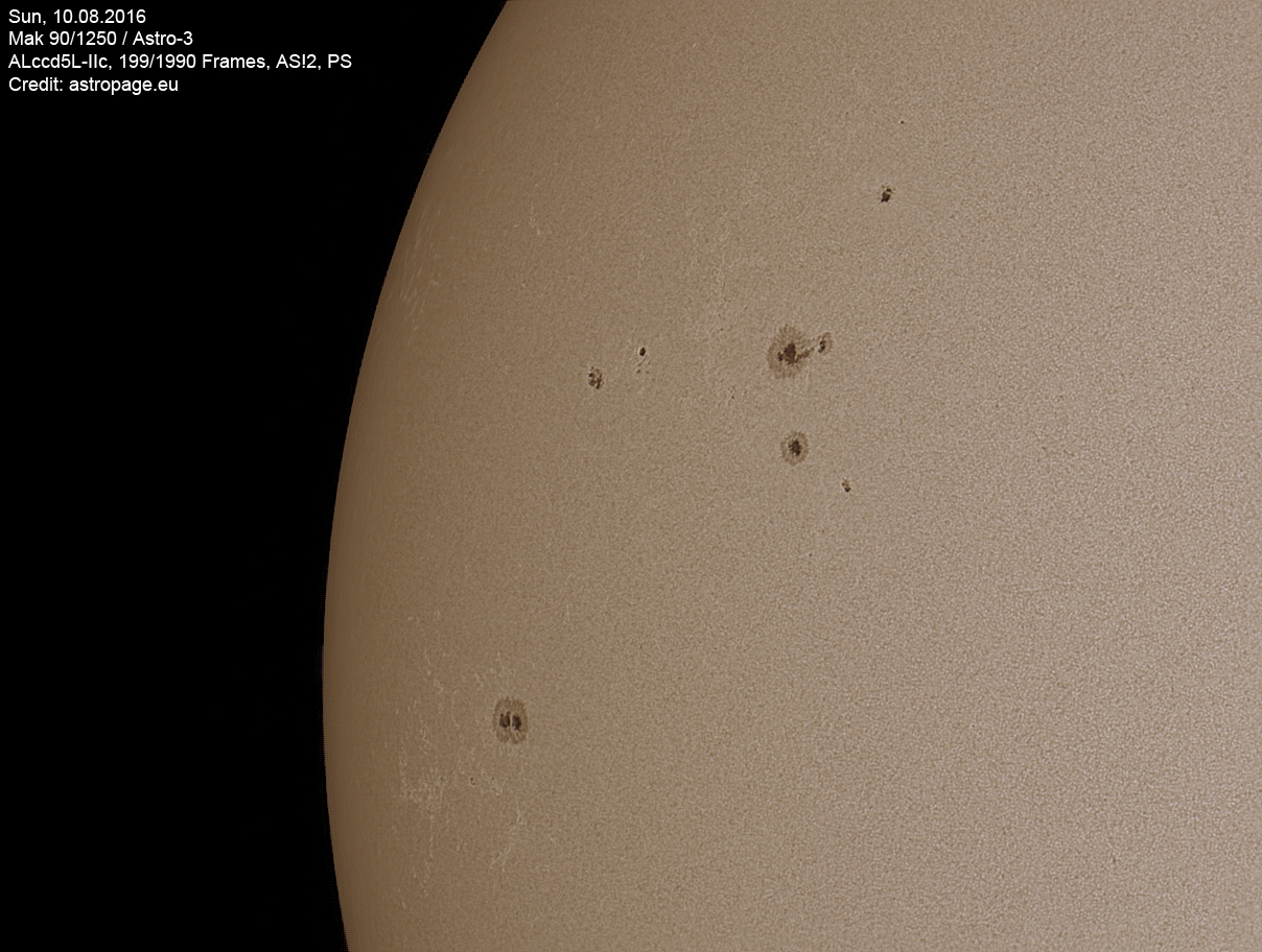 Sonne mit Sonnenflecken am 10.08.2016. Klick zum Vergrößern. (astropage.eu)