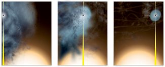 Diese Illustrationen zeigen, wie das fast nackte supermassive Schwarze Loch entstand. (Bill Saxton, NRAO / AUI / NSF)