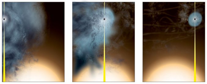 Diese Illustrationen zeigen, wie das fast nackte supermassive Schwarze Loch entstand. (Bill Saxton, NRAO / AUI / NSF) Diese Illustrationen zeigen, wie das fast nackte supermassive Schwarze Loch entstand. (Bill Saxton, NRAO / AUI / NSF)