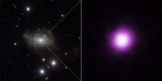 VLT-Aufnahme der Galaxie Markarian 1018 (links) und Chandra-Bild ihrer Zentralregion (rechts). (X-ray: NASA / CXC / Univ of Sydney / R.McElroy et al, Optical: ESO / CARS Survey)